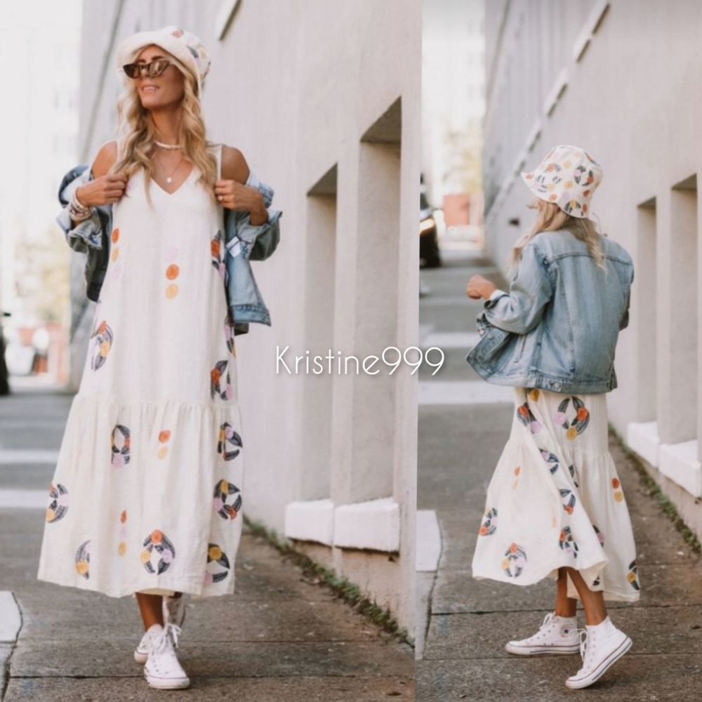 The Odells Giovanna Embroidery Maxi Dress in Buttery Light Yellow NEW XS S M